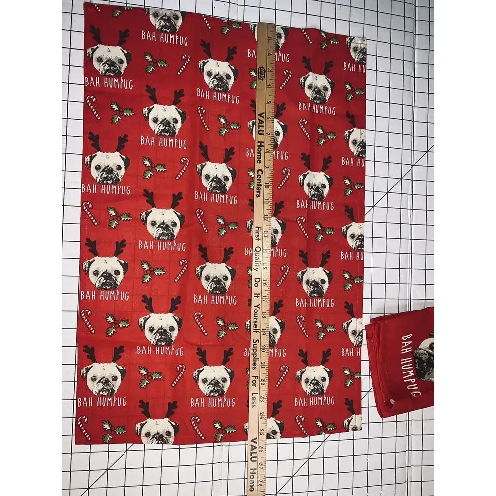 Pug Cooksmart Tea Towels Bah Humpug Cotton Unused No Tags or Pkg Red Christmas